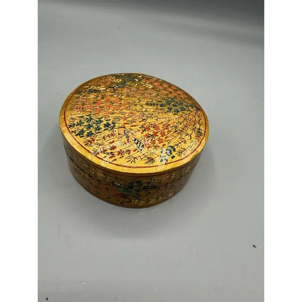 Hand Painted Floral Bird Trinket Box Gold Round Papier Mache Kashmir Style